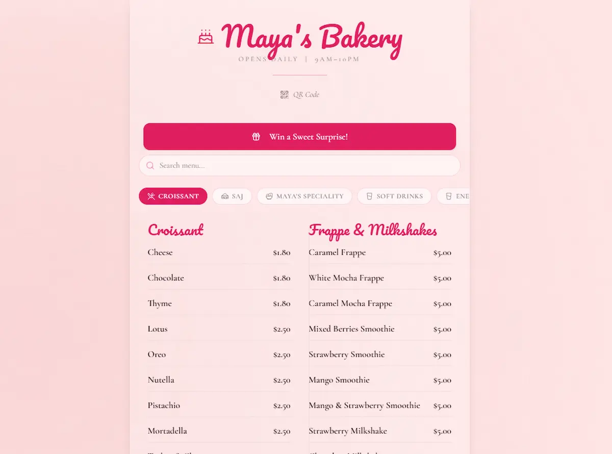 Maya's Bakery QR Menu